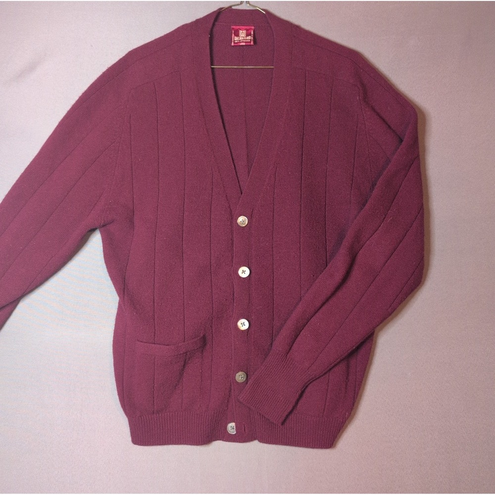 Vintage Nordstrom Knit Cardigan 100% Lambswool Burgundy Mens Large 90s Retro